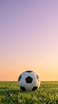 Soccer ball on grass field at sunset with soft golden light and clear sky