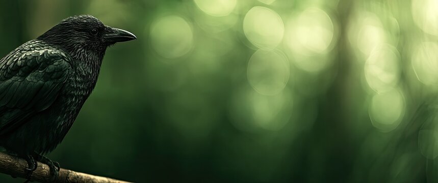 A lone, dark raven perches on a branch, its glossy feathers prominent against a blurred green background