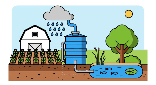Rainwater harvesting system vector illustration showing water recycling for agriculture and pond
