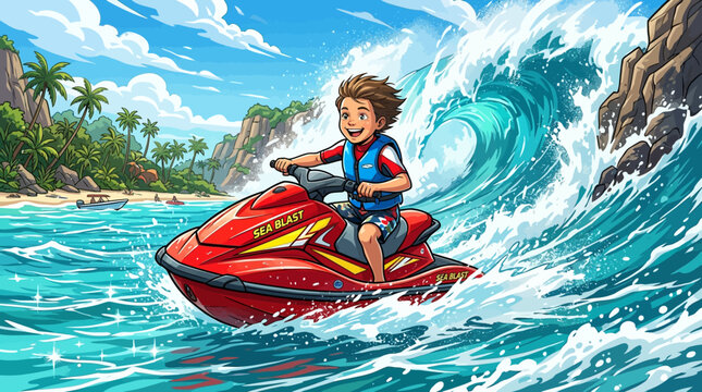 A lively illustration depicts a young boy enjoying an exhilarating jet ski ride on a big wave in a beautiful tropical paradise.