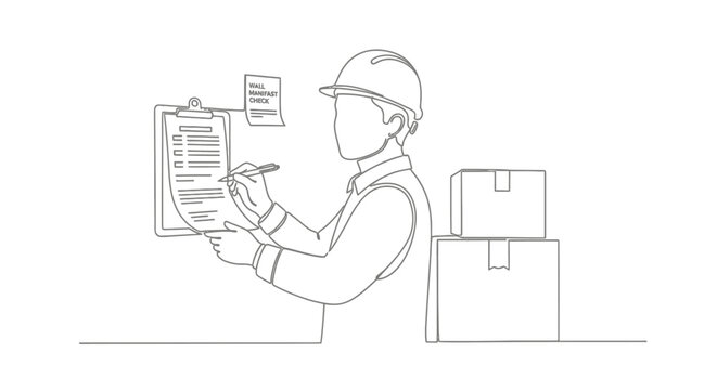 Worker inspecting clipboard near stacked boxes in warehouse.