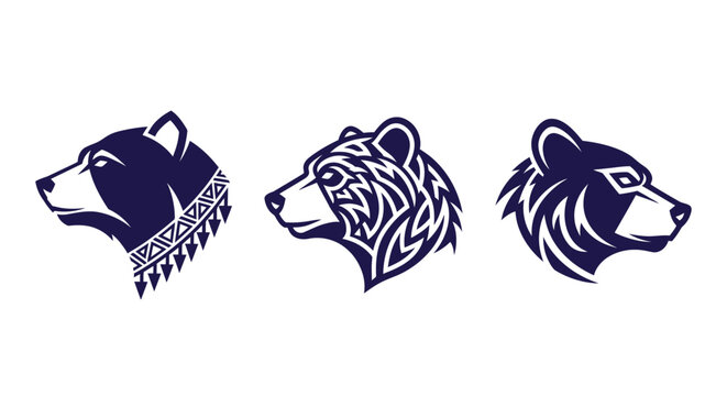 Three Intricate Bear Head Illustrations in Blue.