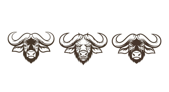 Three African Buffalo Heads Black and White Illustration.