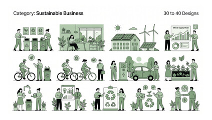 Set of sustainable business concept illustrations featuring eco friendly practices and green corporate strategy sustainable business environment recycling corporate conservation renewable © Shaon