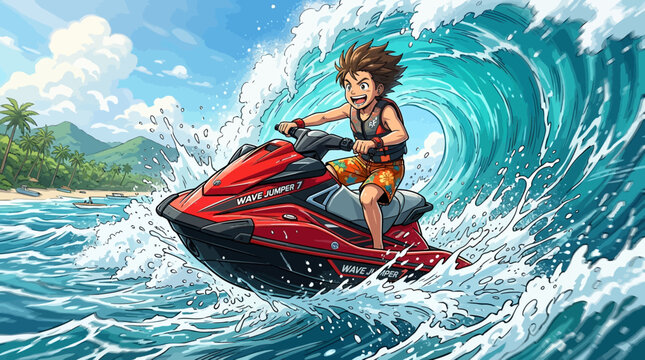 An energetic young boy joyfully rides a powerful red jet ski across a vibrant blue ocean wave near a picturesque tropical beach, embodying summer adventure and exhilarating speed.