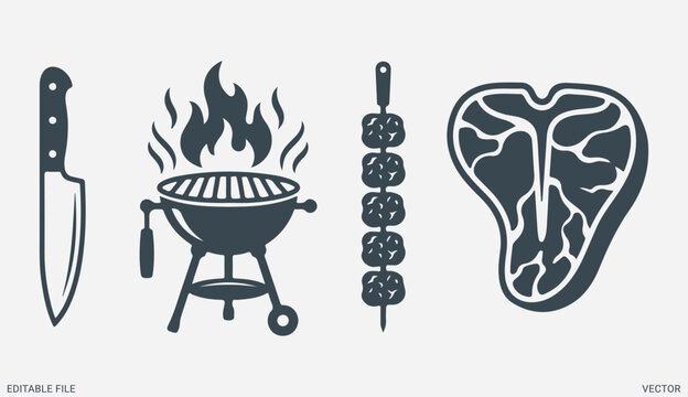 Barbecue party vector elements collection featuring grill steak knife and shish kebab silhouette for menu