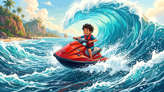 A joyful young boy skillfully navigates a vibrant red jet ski through a magnificent breaking wave near a picturesque tropical island paradise.