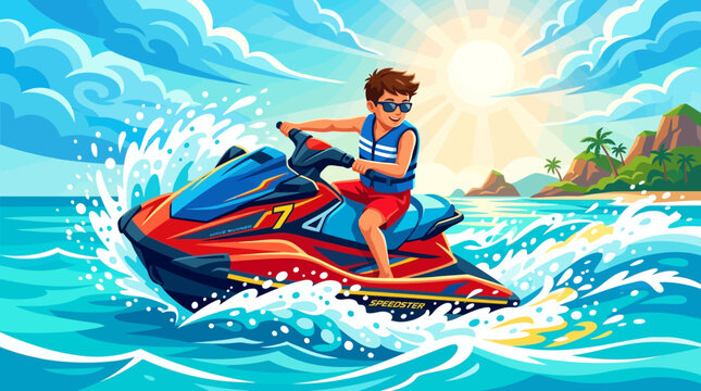 An energetic child in a life vest skillfully navigates a vibrant jet ski through ocean waves near a beautiful sunny island paradise.