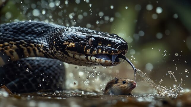 Snake attacks a mouse in water