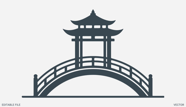 Traditional asian bridge and gate silhouette icon vector illustration for oriental landscape design element
