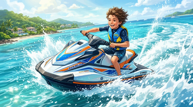 A happy young boy joyfully rides a powerful jet ski across the vibrant blue tropical ocean, creating exciting splashes under the warm summer sun.