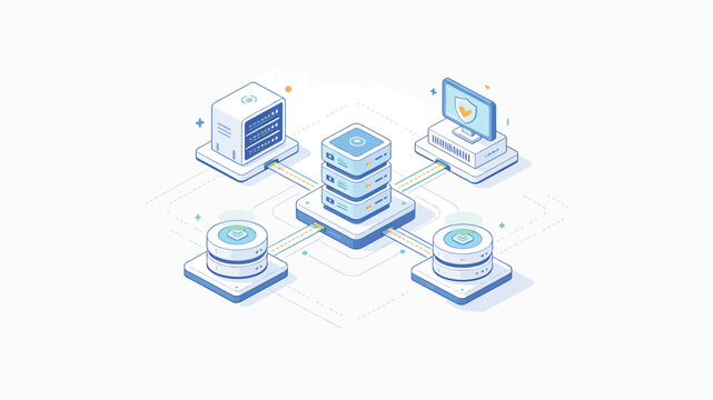 Isometric Illustration of Modern Cloud Computing System Architecture with Secure Server Nodes, Data