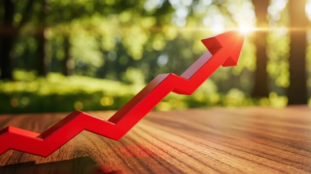 Red upward arrow symbolizing growth and success against a bright natural forest backdrop