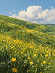 Fototapeta premium Vibrant yellow wildflowers blanket rolling green hills under a bright blue sky with fluffy white clouds