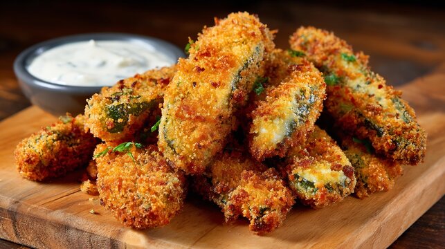 Close-up of crunchy breaded fried pickle spears with creamy white sauce