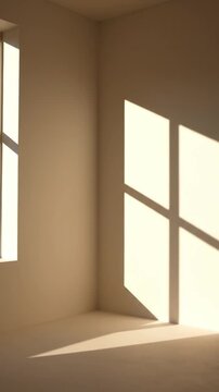 Sunlight and window shadows moving across a minimalist white wall in an empty room corner