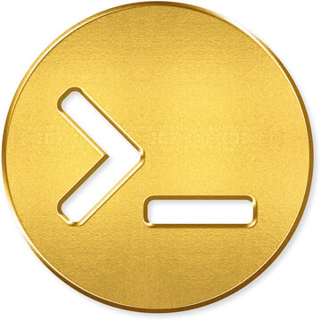Terminal command line icon with gold metallic 3D coin badge for terminal, command line, CLI console, code developer, shell script on transparent background