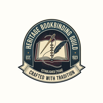 Heritage bookbinding Guild with book quill for traditional literature publishing library bookmaker artisan workshop logo design