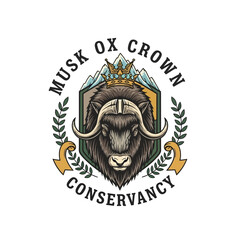 Musk ox crown conservancy vintage emblem with mountain backdrop arctic wildlife for nature conservation safari park mountain adventure travel club national park logo design © aseenz imagine