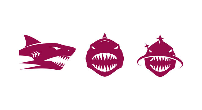 Three stylized red shark head illustrations with sharp teeth.