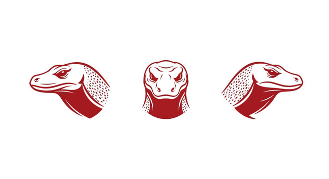 Three red stylized snake head illustrations with white details.