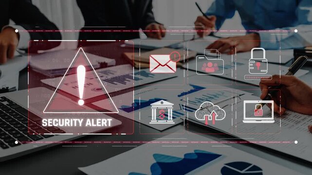 A business team engages in a crucial discussion about cybersecurity risks, highlighted by a digital alert graphic emphasizing the significance of data protection. Raster