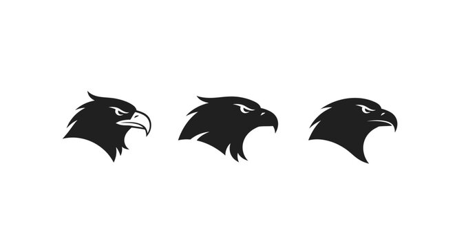 Three black eagle head silhouettes in profile view.