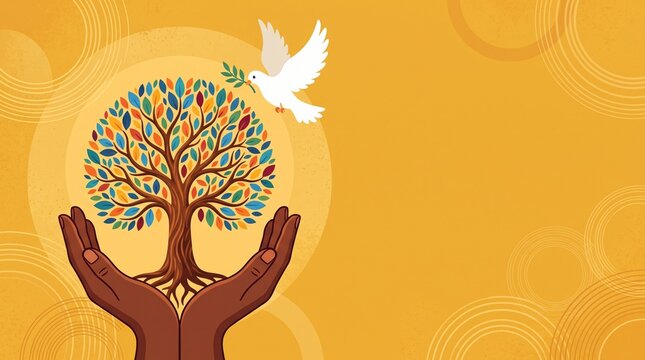 Nelson Mandela International Day A vibrant graphic celebrating global unity, diverse hands nurturing a tree of knowledge, peace, and collective growth for social good