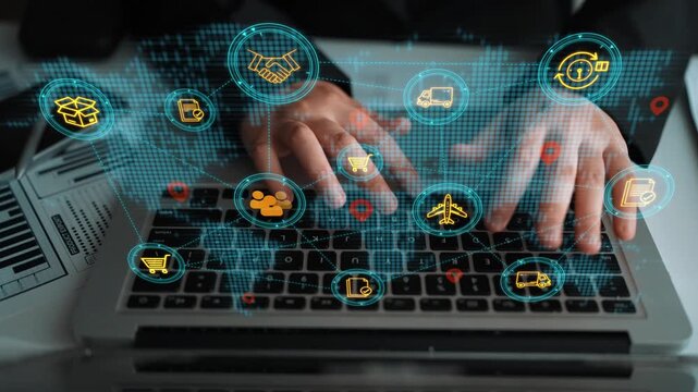 Digital Interaction with Global Connectivity Icons Overlaid on Laptop Keyboard, Representing Technology and Networking in Modern Business Environments. Entropy.