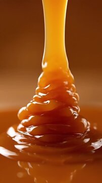 Thick golden caramel sauce pouring down and folding onto itself in a vertical shot