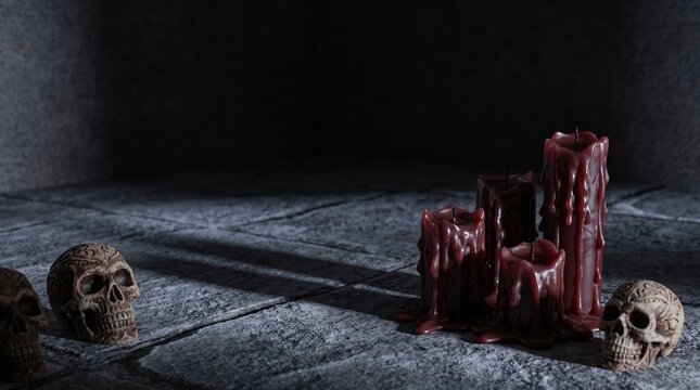 Dark Gothic Horror Scene with Human Skulls and Melting Red Candles