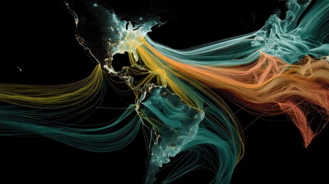Abstract global data flow visualization over continental maps with vibrant light lines