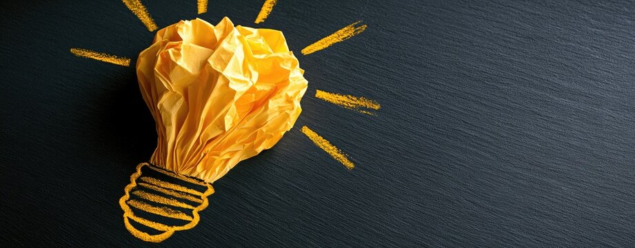Crumpled yellow paper forms a lightbulb with drawn rays on dark background