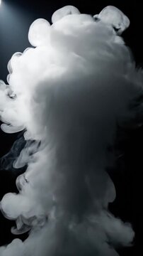 Thick white fog plume rising and swirling in a continuous motion against a dark background