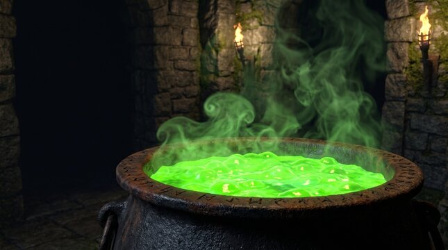 Enchanted potion boiling in a cauldron in a dark stone room