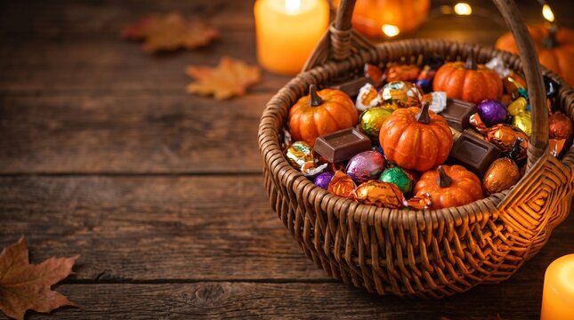 Halloween basket filled with pumpkin candy and chocolate on table