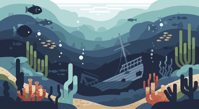 Vibrant Underwater World with Diverse Marine Life and Sunken Ship.