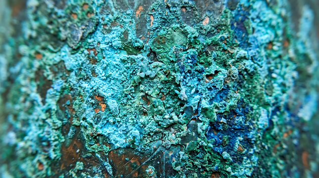 Closeup of a corroded metal surface with green and blue patina and orange rust spots erosion