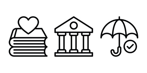 Obraz premium Vector icons of books with heart bank building and umbrella insurance protection