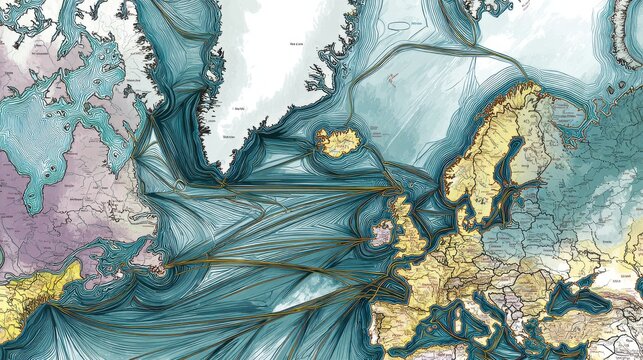 Digital map illustrating global underwater fiber optic internet cable infrastructure networks
