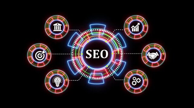 Futuristic seo digital marketing concept motion graphic with glowing hud circles. Dynamic search engine optimization animation featuring neon glowing circles and business icons. 