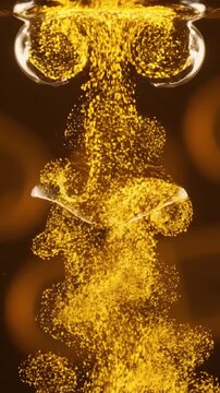 Transparent supplement capsule dissolving and releasing golden probiotic bacteria in slow motion