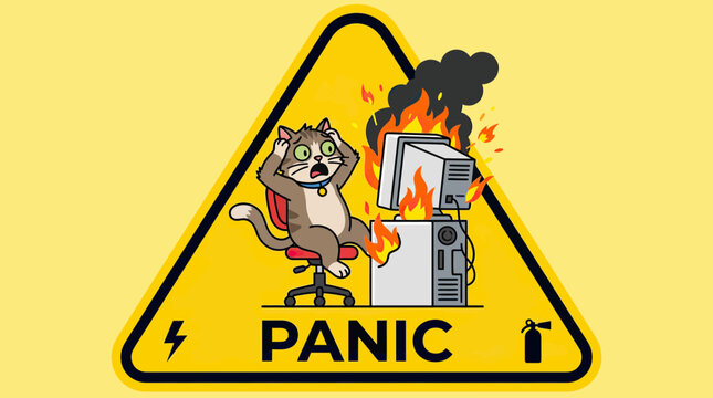 Cat Panics as Computer Catches Fire - Warning Sign