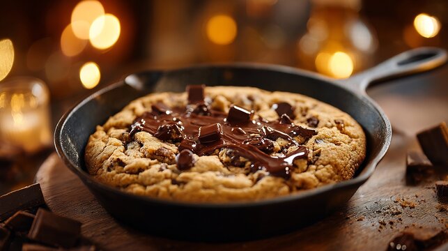 Warm giant chocolate chip cookie in a cast iron skillet topped with melted chocolate and chunks