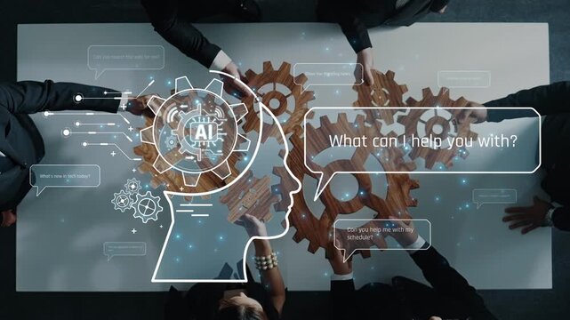 Diverse professionals collaborate around a conference table, using gears and AI concepts. They engage in discussions, brainstorming ideas, and seeking solutions. Raster