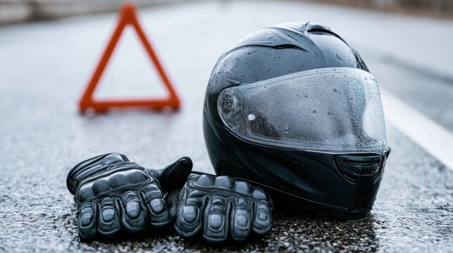 Black motorcycle helmet and riding gloves on rain-soaked asphalt with warning triangle in background. Motorcycle accident scene highlighting safety equipment and emergency response