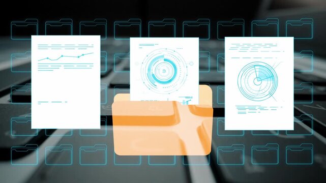 Digital workspace with document files, folder icon, and laptop keyboard showcasing organization and productivity in modern office environment. Entropy.