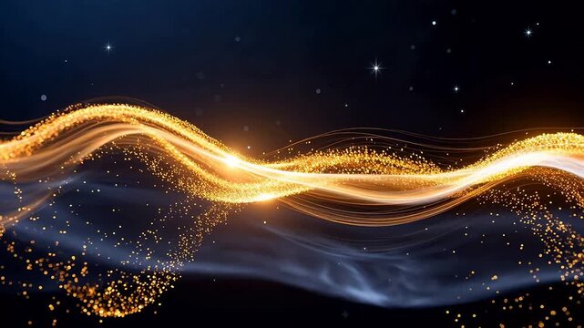Golden flowing light particles on dark background