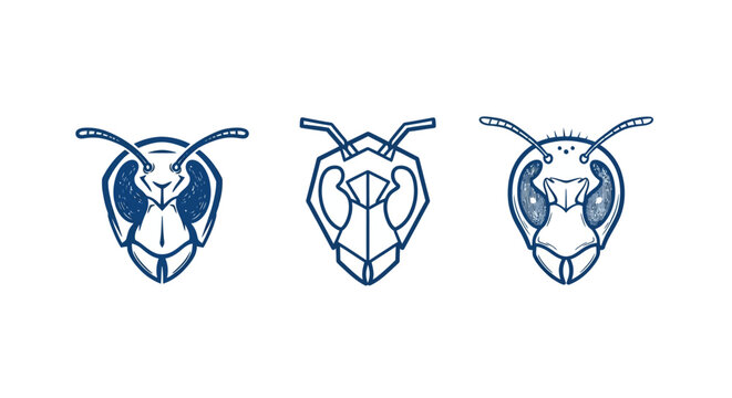 Three blue stylized insect head illustrations with antennae.