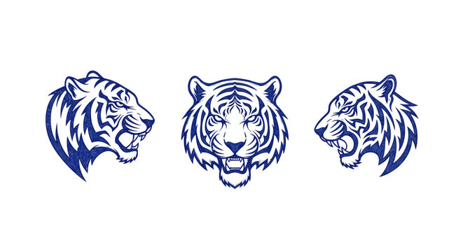 Three Blue Tiger Head Illustrations in Profile View.